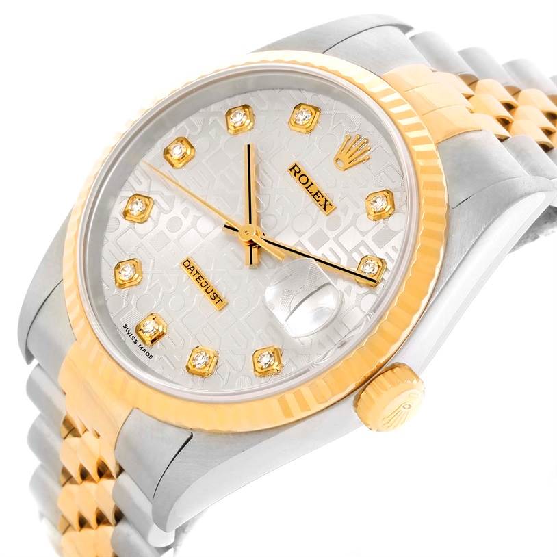 This image shows a close-up angled view of the Rolex Datejust 16233 Men's Steel and Gold (two tone) Silver Dial 16233 Men's Steel and Gold (two tone) Silver Dial watch, highlighting the dial, crown, bezel, and part of the bracelet.