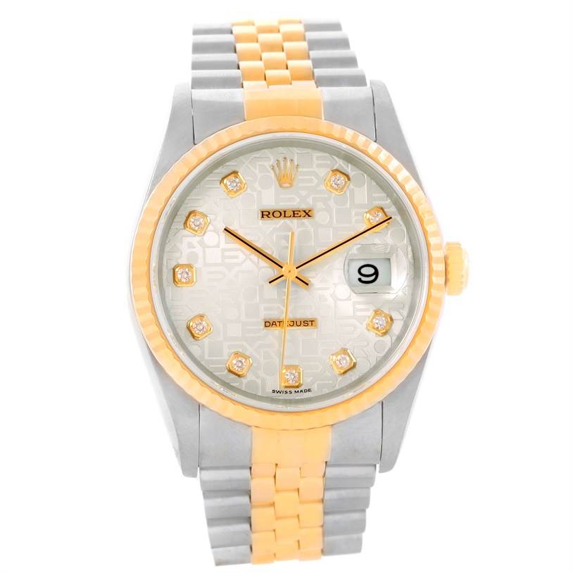 The image shows a front view of a Rolex Datejust 16233 Men's Steel and Gold (two tone) Silver Dial 16233 Men's Steel and Gold (two tone) Silver Dial watch featuring a two-tone bracelet, diamond hour markers, and a date display.