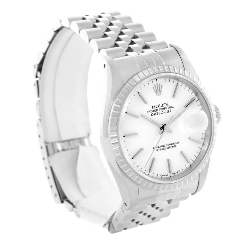 The image shows a Rolex Datejust 16220 Men
s Stainless Steel White Dial 16220 Men
s Stainless Steel White Dial watch at an angled front view, highlighting the dial, bezel, and bracelet.