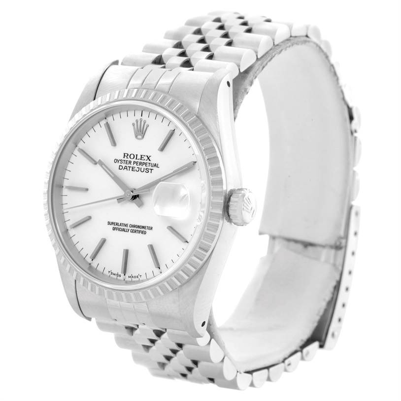 The Rolex Datejust 16220 Men
s Stainless Steel White Dial 16220 Men
s Stainless Steel White Dial watch is shown at an angle highlighting its face, bezel, crown, and partial bracelet.