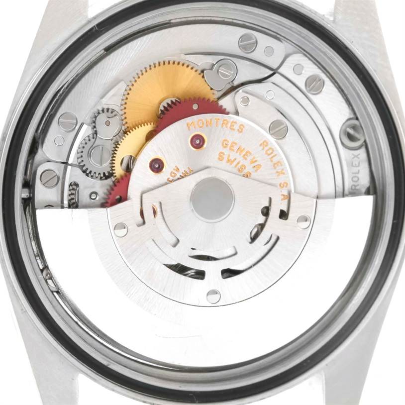This image shows the internal mechanical movement parts of a Rolex Datejust 16220 Men
s Stainless Steel White Dial 16220 Men
s Stainless Steel White Dial watch from a rear angle.