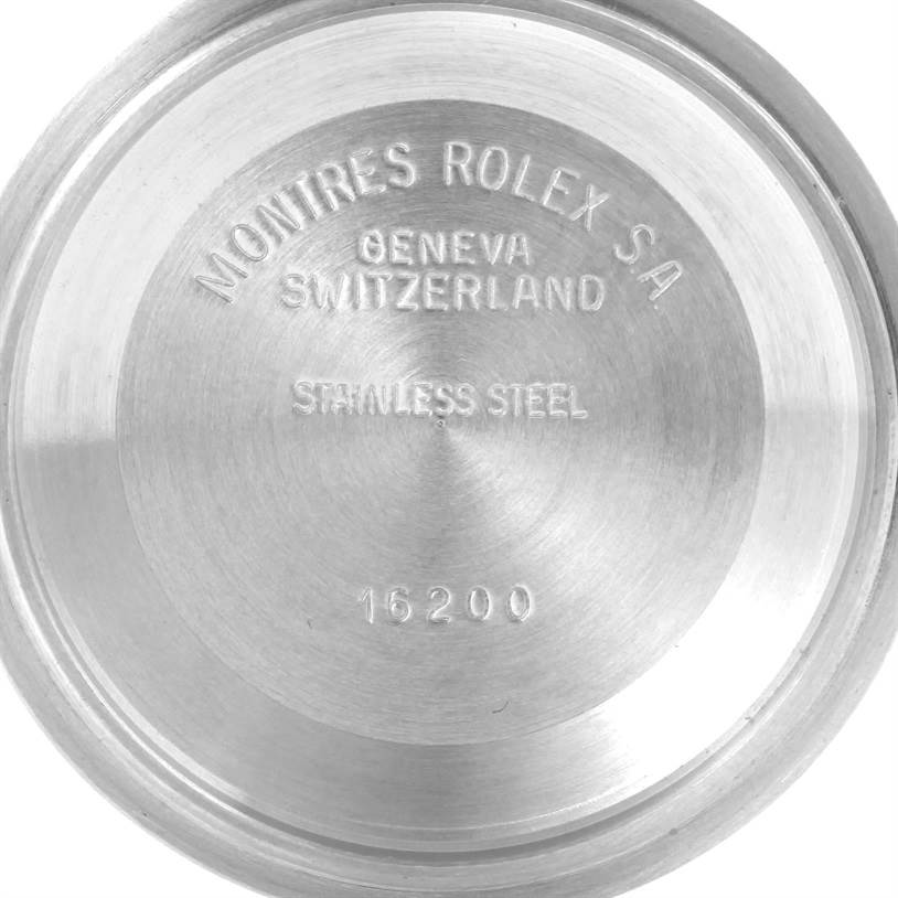 This image shows the case back of a Rolex Datejust 16233 Men's Steel and Gold (two tone) Black Dial 16233 Men's Steel and Gold (two tone) Black Dial watch model 16200 made from stainless steel, viewed from the inside.