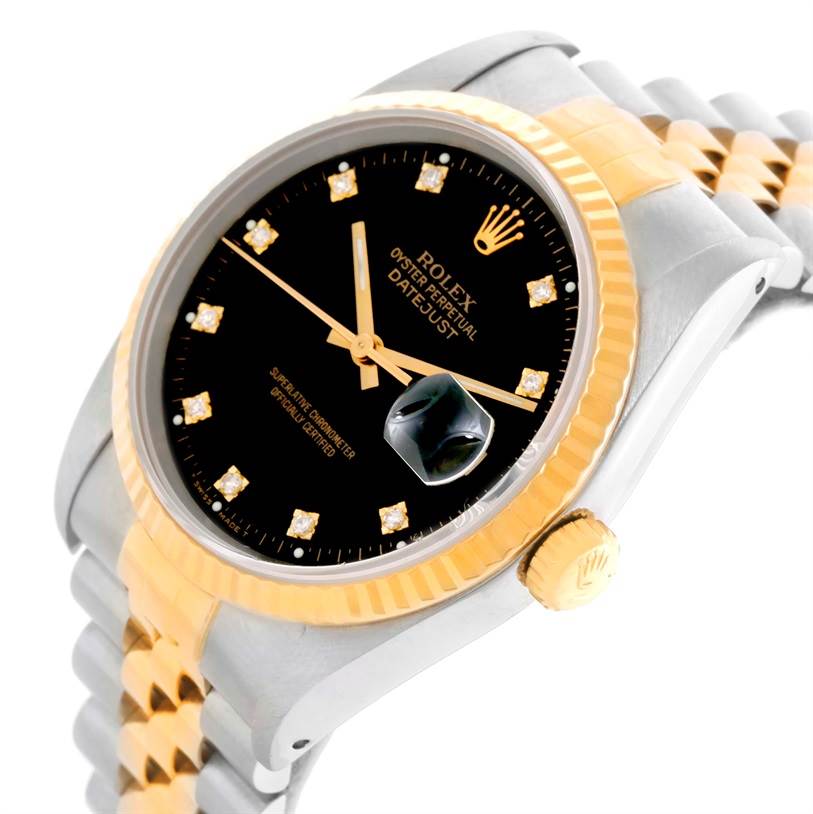 The image shows a Rolex Datejust 16233 Men's Steel and Gold (two tone) Black Dial 16233 Men's Steel and Gold (two tone) Black Dial watch partially from a front-oblique angle, highlighting its black dial, bezel, crown, and bracelet.