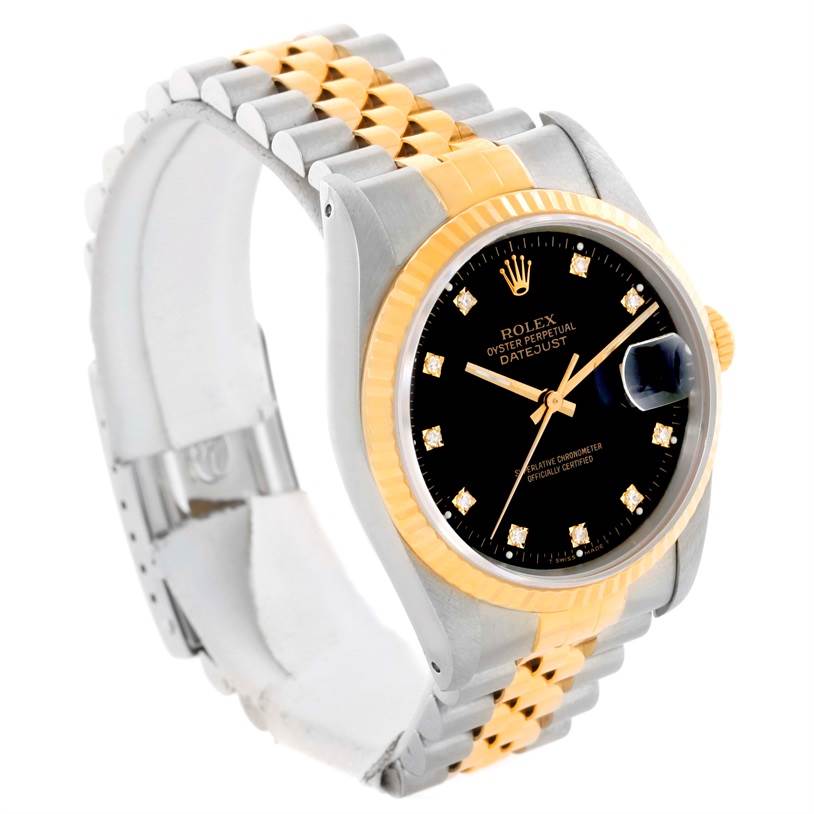 The Rolex Datejust 16233 Men's Steel and Gold (two tone) Black Dial 16233 Men's Steel and Gold (two tone) Black Dial watch is shown at an angle highlighting its face, bracelet, and crown with the two-tone metal finish.
