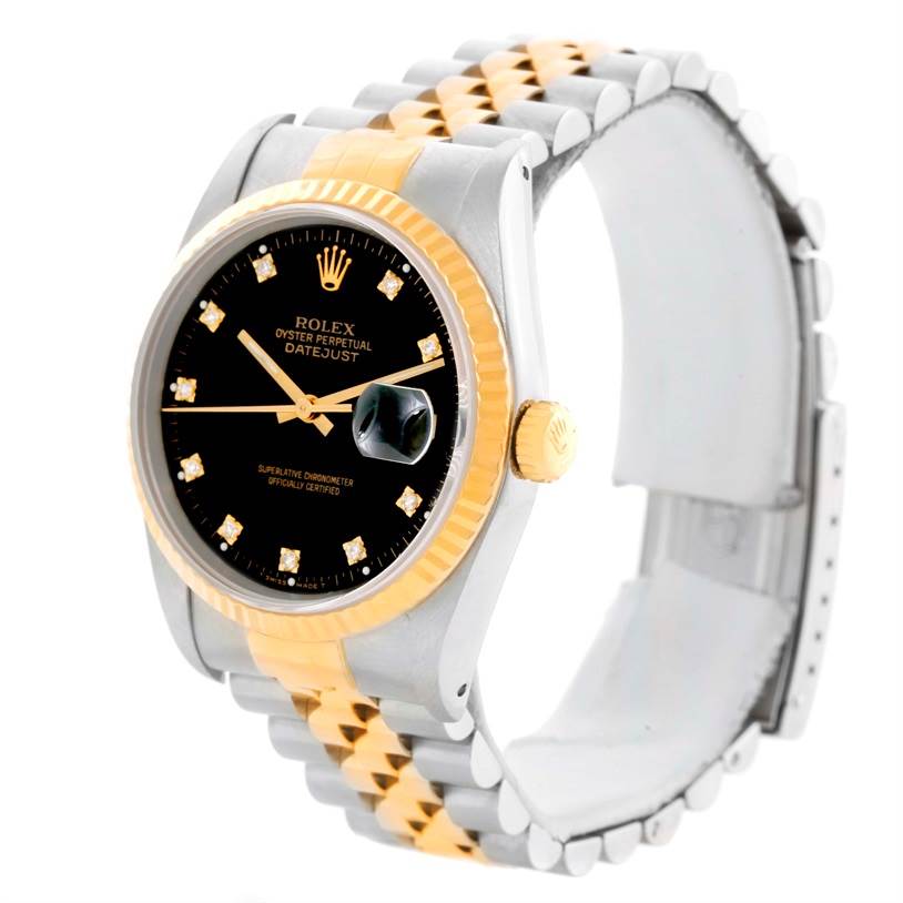 The Rolex Datejust 16233 Men's Steel and Gold (two tone) Black Dial 16233 Men's Steel and Gold (two tone) Black Dial watch is shown from a three-quarter angle, highlighting its dial, bezel, crown, and bracelet.