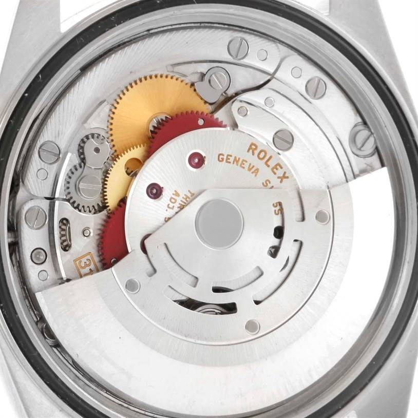This image shows the internal mechanical movement of a Rolex Datejust 16234 Men
s Stainless Steel Black Dial 16234 Men
s Stainless Steel Black Dial watch from a rear perspective.