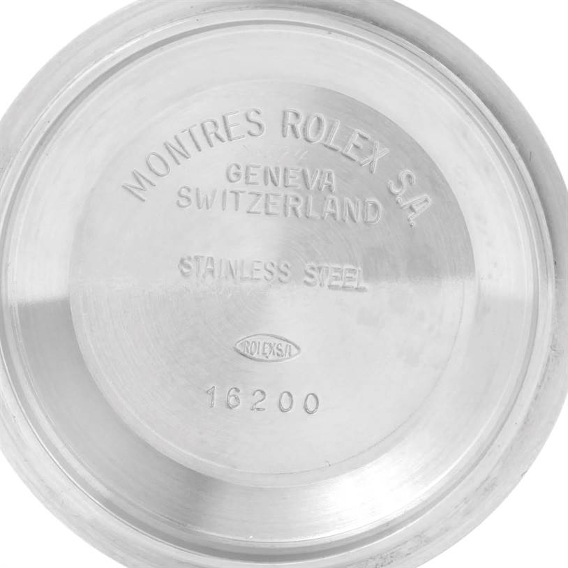 This image shows the inside case back of a Rolex Datejust 16234 Men
s Stainless Steel Black Dial 16234 Men
s Stainless Steel Black Dial watch model 16200, marked with Rolex branding and material details.