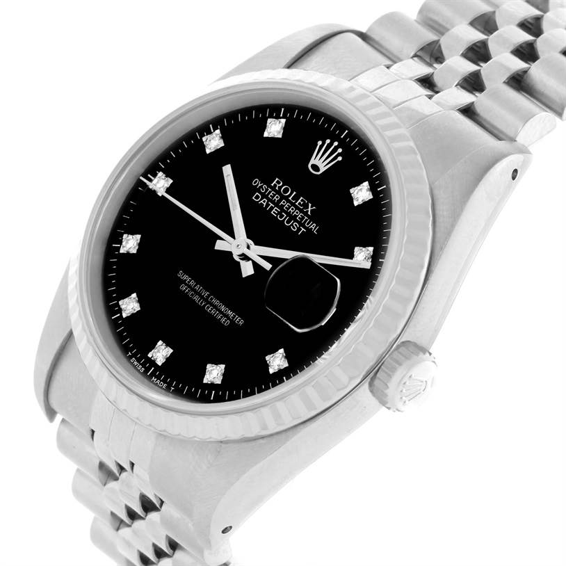 The image shows a Rolex Datejust 16234 Men
s Stainless Steel Black Dial 16234 Men
s Stainless Steel Black Dial watch at an angled front view, displaying the dial, bezel, crown, and bracelet.