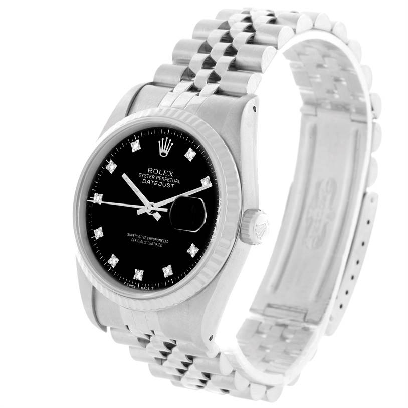 The image shows a Rolex Datejust 16234 Men
s Stainless Steel Black Dial 16234 Men
s Stainless Steel Black Dial watch at a slight angle displaying the face, crown, and bracelet.