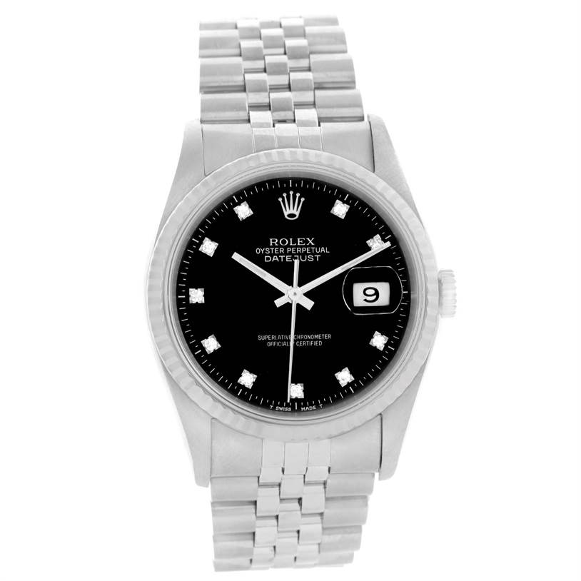 The image shows a front view of a Rolex Datejust 16234 Men
s Stainless Steel Black Dial 16234 Men
s Stainless Steel Black Dial watch, displaying the face, bezel, and bracelet.