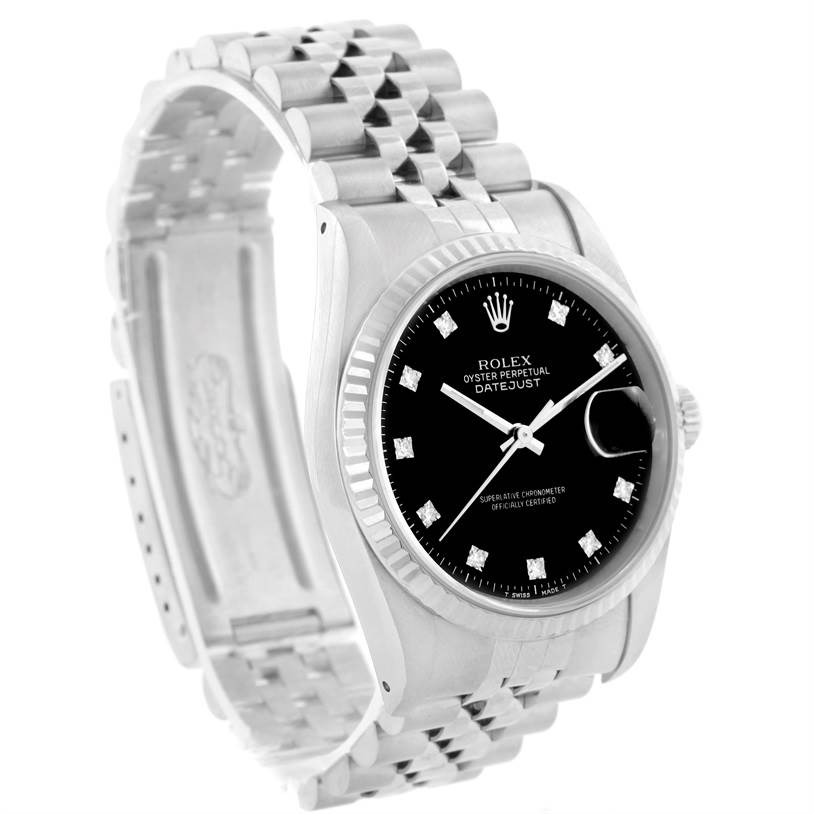 This image shows the Rolex Datejust 16234 Men
s Stainless Steel Black Dial 16234 Men
s Stainless Steel Black Dial model from an angled side view, displaying the watch face, bracelet, and clasp.