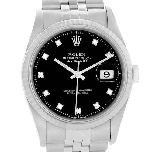 Photo of Rolex Datejust Steel 18k White Gold Black Diamond Dial Watch 16234