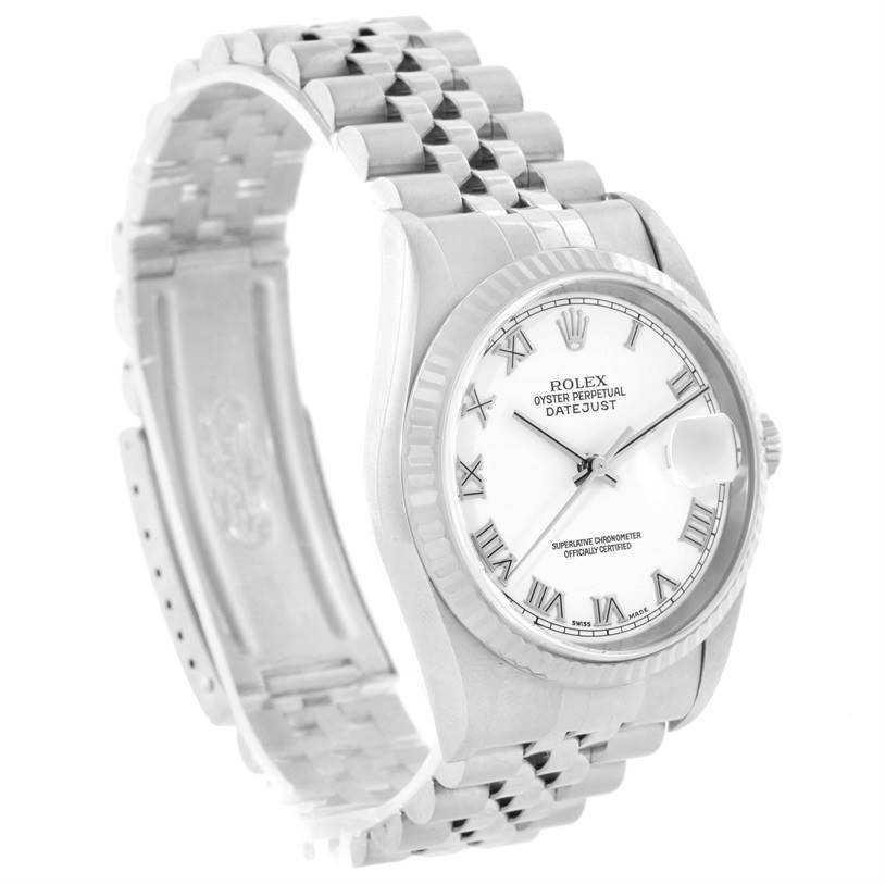 The image shows a front angle view of a Rolex Datejust 16234 Men's Stainless Steel White Dial 16234 Men's Stainless Steel White Dial watch, highlighting the face, bezel, and part of the bracelet.