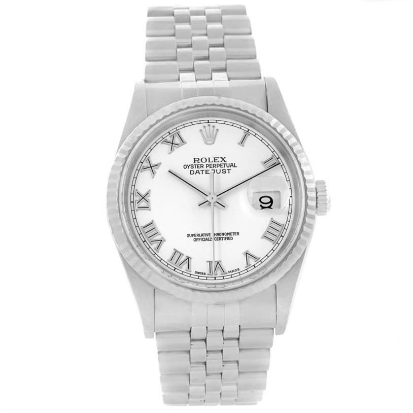 This image shows a front view of a Rolex Datejust 16234 Men's Stainless Steel White Dial 16234 Men's Stainless Steel White Dial watch, highlighting the dial, Roman numeral markers, bracelet, crown, and date window.