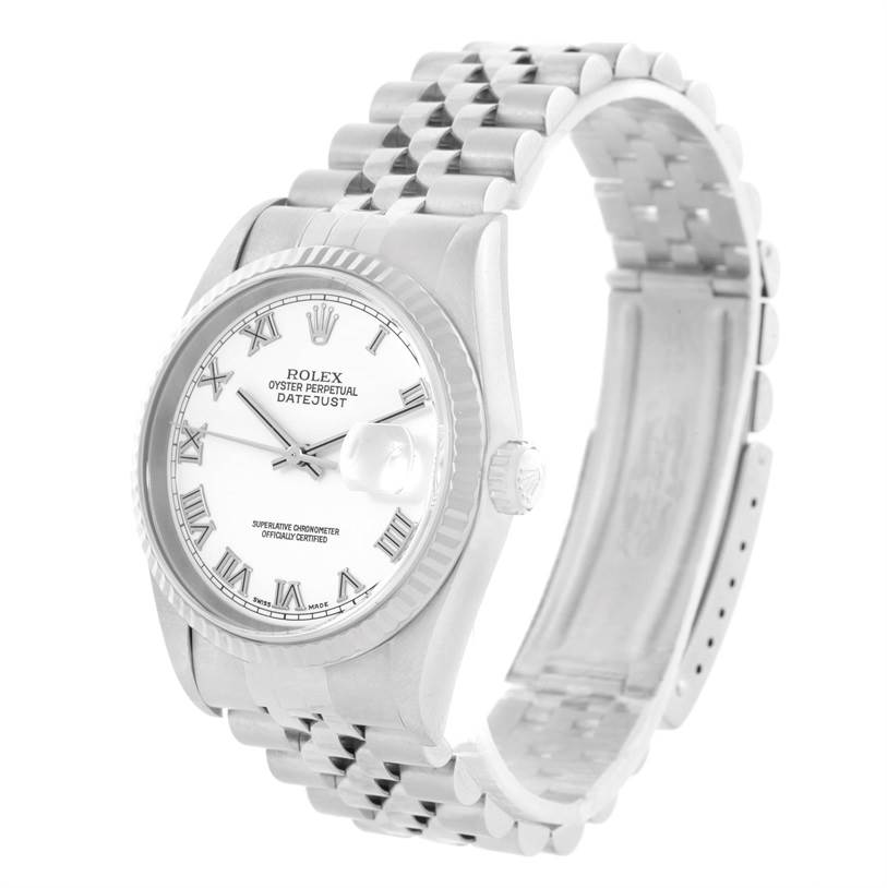 The image shows a Rolex Datejust 16234 Men's Stainless Steel White Dial 16234 Men's Stainless Steel White Dial watch at a three-quarter angle, highlighting the dial, bezel, case, and part of the bracelet.