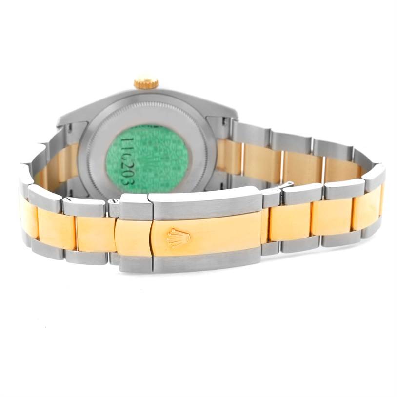 This image shows the back view and bracelet of a Rolex Datejust 116203 Men's Stainless Steel Black Dial 116203 Men's Stainless Steel Black Dial watch, featuring a two-tone metal finish.