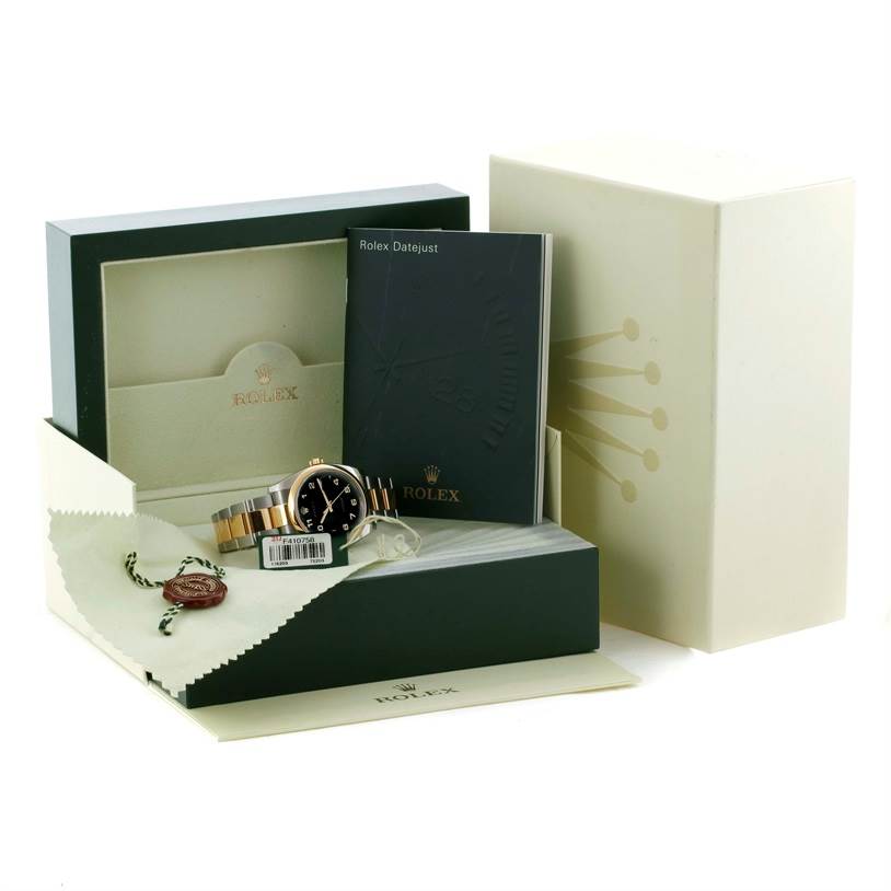 This image shows a Rolex Datejust 116203 Men's Stainless Steel Black Dial 116203 Men's Stainless Steel Black Dial watch with its box, booklet, and tags displayed from a front angle.