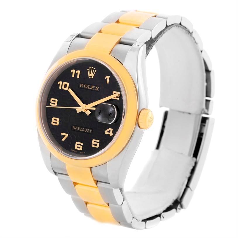 The Rolex Datejust 116203 Men's Stainless Steel Black Dial 116203 Men's Stainless Steel Black Dial watch is shown at a slight angle from the front, displaying the dial, bezel, and part of the bracelet.