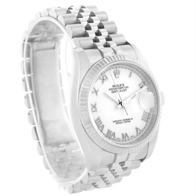 This image shows the front and side angle of the Rolex Datejust 116234 Men's Stainless Steel White Dial 116234 Men's Stainless Steel White Dial watch, displaying the face, bezel, and bracelet.