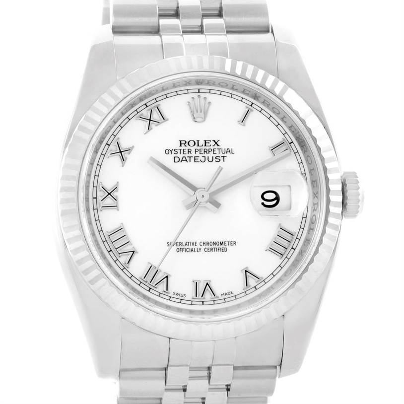 The image shows a front view of a Rolex Datejust 116234 Men's Stainless Steel White Dial 116234 Men's Stainless Steel White Dial watch, highlighting its dial, Roman numerals, date window, and bracelet.
