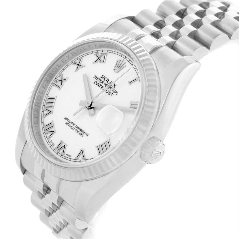 The image shows a Rolex Datejust 116234 Men's Stainless Steel White Dial 116234 Men's Stainless Steel White Dial watch from a side angle, showcasing the dial, bezel, and part of the bracelet.