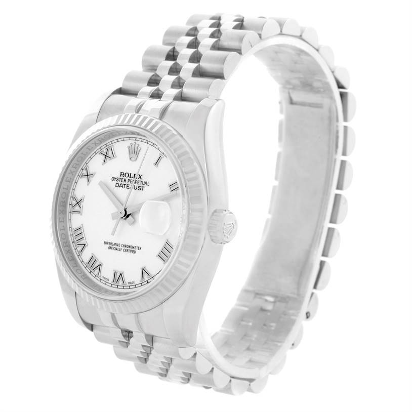 The image shows a side angle of the Rolex Datejust 116234 Men's Stainless Steel White Dial 116234 Men's Stainless Steel White Dial watch, highlighting the face, crown, and part of the bracelet.