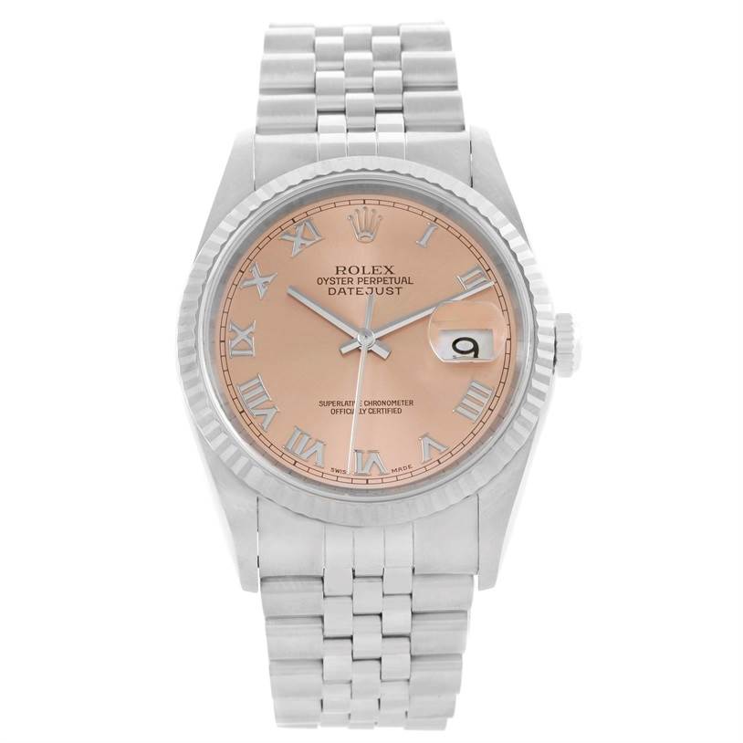 The Rolex Datejust 16234 Men
s Stainless Steel Pink Dial 16234 Men
s Stainless Steel Pink Dial watch is shown from a front angle, displaying its dial, case, bracelet, and date window.