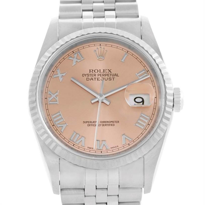 The image shows a front view of a Rolex Datejust 16234 Men
s Stainless Steel Pink Dial 16234 Men
s Stainless Steel Pink Dial watch, featuring a fluted bezel, champagne dial with Roman numerals, and jubilee bracelet.