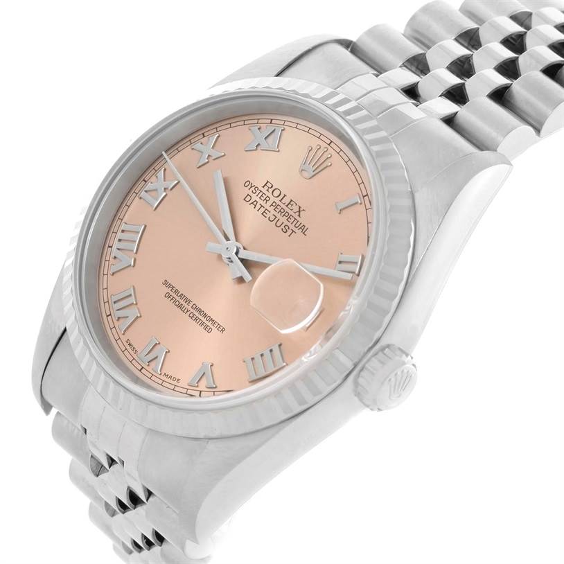 The Rolex Datejust 16234 Men
s Stainless Steel Pink Dial 16234 Men
s Stainless Steel Pink Dial watch is shown at a slight tilted angle, highlighting its face, bezel, crown, and part of the bracelet.