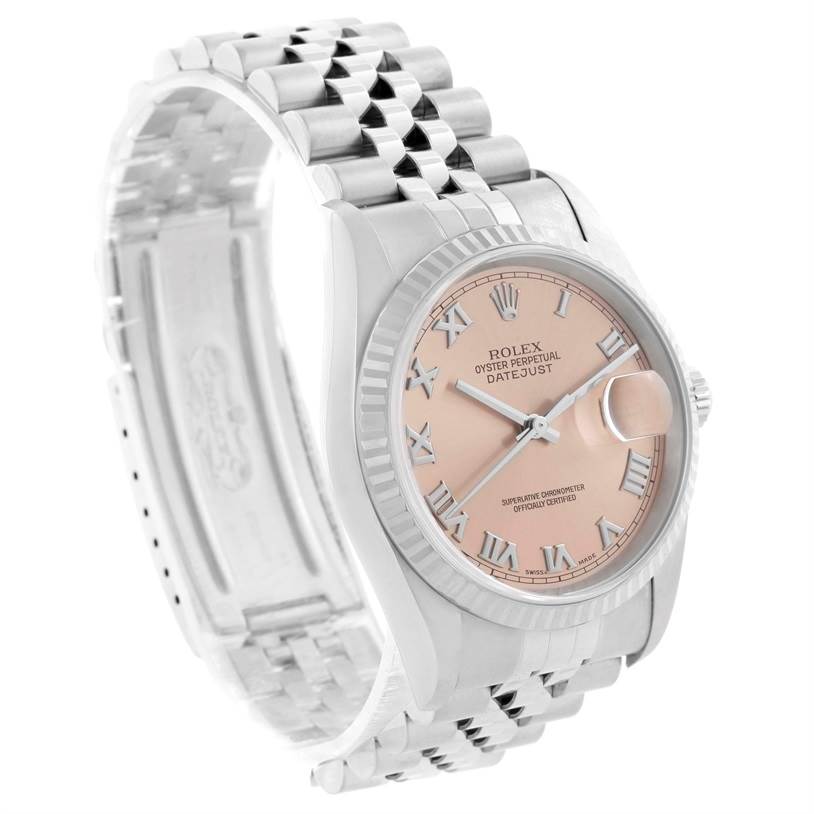 The image shows a side-angle view of a Rolex Datejust 16234 Men
s Stainless Steel Pink Dial 16234 Men
s Stainless Steel Pink Dial watch, highlighting its bracelet, crown, and face with a pink dial.