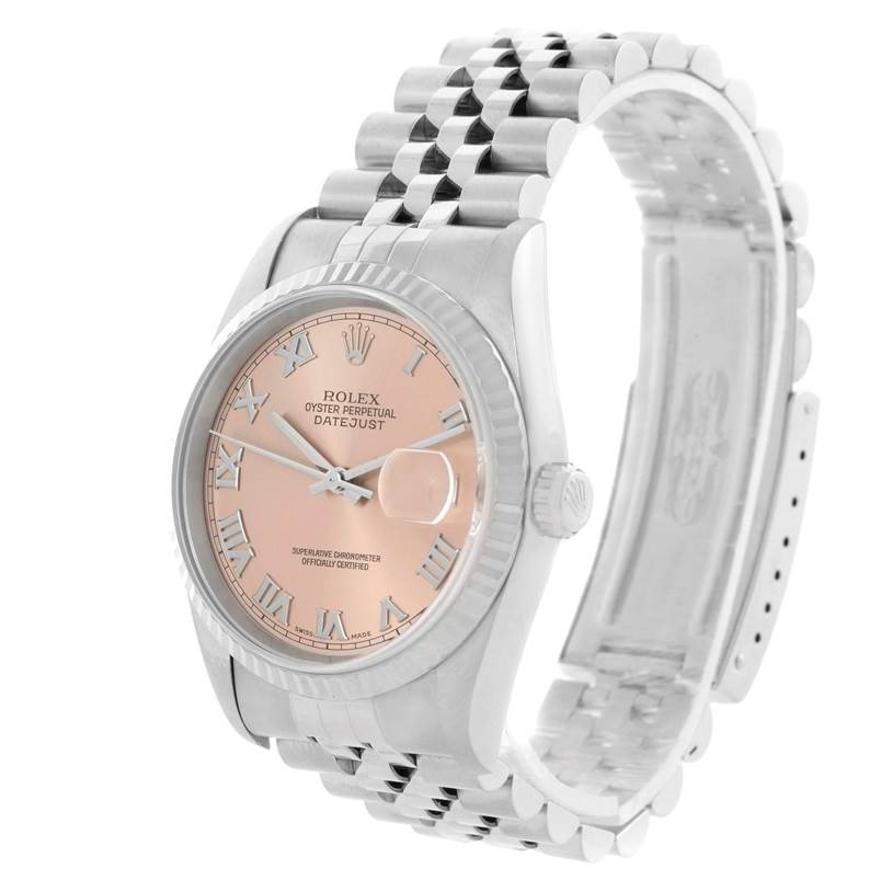 This image shows a side view of the Rolex Datejust 16234 Men
s Stainless Steel Pink Dial 16234 Men
s Stainless Steel Pink Dial watch, highlighting its face, bezel, crown, and partially open bracelet.
