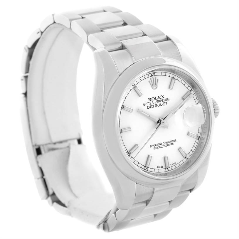 The image shows a Rolex Datejust 116200 Men's Stainless Steel Silver Dial 116200 Men's Stainless Steel Silver Dial model watch angled from the front-left, emphasizing the face, bezel, and part of the bracelet.