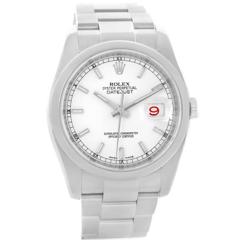 The image shows a Rolex Datejust 116200 Men's Stainless Steel Silver Dial 116200 Men's Stainless Steel Silver Dial watch from a front angle, highlighting its face, bezel, crown, and bracelet.