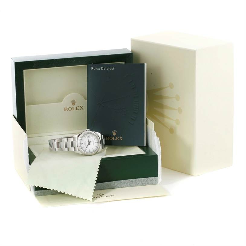 The image shows a Rolex Datejust 116200 Men's Stainless Steel Silver Dial 116200 Men's Stainless Steel Silver Dial watch with its box, booklet, and cleaning cloth, viewed from the front.