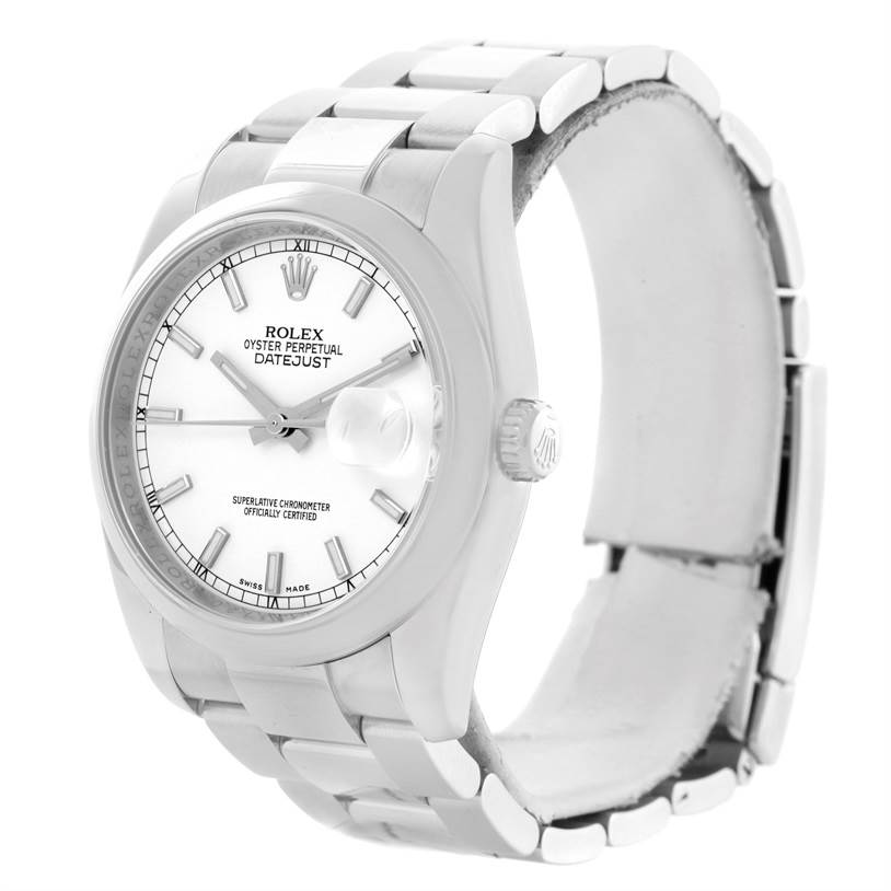 The image shows a front and side view of a Rolex Datejust 116200 Men's Stainless Steel Silver Dial 116200 Men's Stainless Steel Silver Dial watch, highlighting the face, bezel, and bracelet.