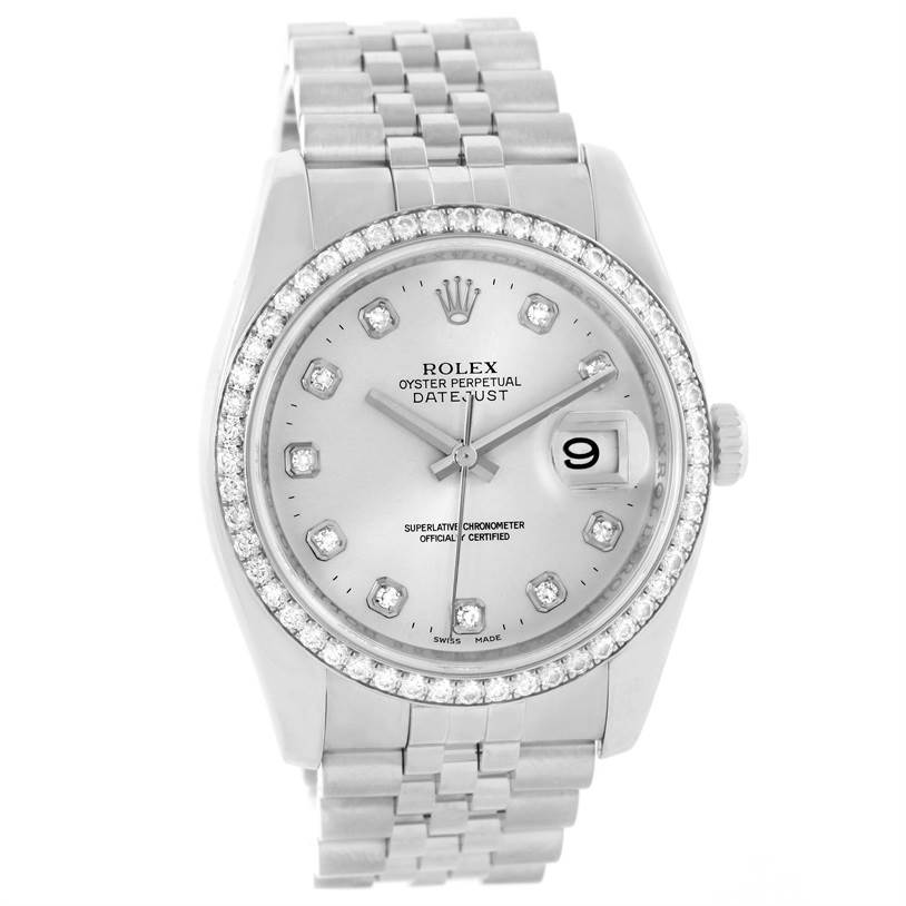 The Rolex Datejust 116244 Men's Stainless Steel Silver Dial 116244 Men's Stainless Steel Silver Dial watch is shown from a front angle, displaying its face, bezel, and part of the bracelet.