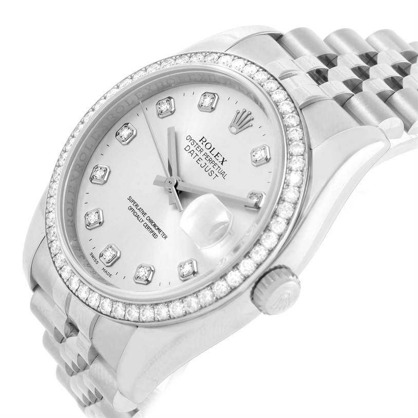 The image shows a close-up of a Rolex Datejust 116244 Men's Stainless Steel Silver Dial 116244 Men's Stainless Steel Silver Dial watch, highlighting the dial, bezel, crown, and part of the bracelet.