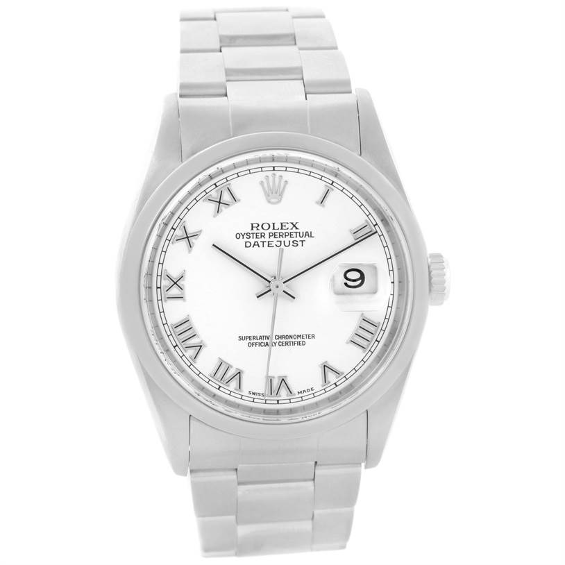 The image shows the frontal view of a Rolex Datejust 16200 Men's Stainless Steel White Dial 16200 Men's Stainless Steel White Dial watch, highlighting the white dial, Roman numerals, and the date display.