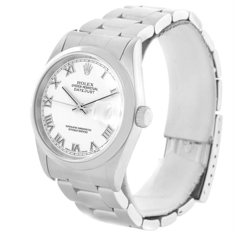 This image shows a Rolex Datejust 16200 Men's Stainless Steel White Dial 16200 Men's Stainless Steel White Dial watch from an angled front view, highlighting the dial, bezel, and bracelet.
