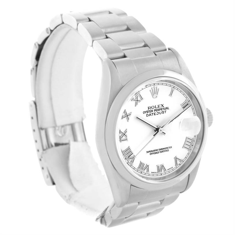 The image shows a Rolex Datejust 16200 Men's Stainless Steel White Dial 16200 Men's Stainless Steel White Dial watch from a three-quarter frontal angle, highlighting the face, bezel, and bracelet.