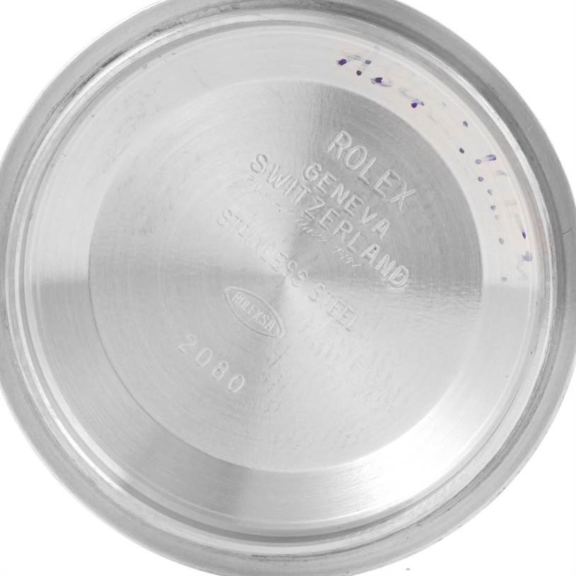 This close-up image shows the inside case back of a Rolex Datejust 16200 Men's Stainless Steel White Dial 16200 Men's Stainless Steel White Dial watch.