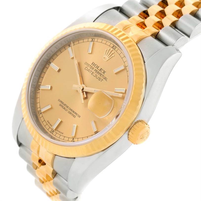 The image shows a close-up angled view of a Rolex Datejust 116233 Men's Stainless Steel Champagne Dial 116233 Men's Stainless Steel Champagne Dial watch, highlighting the dial, bezel, and part of the bracelet.