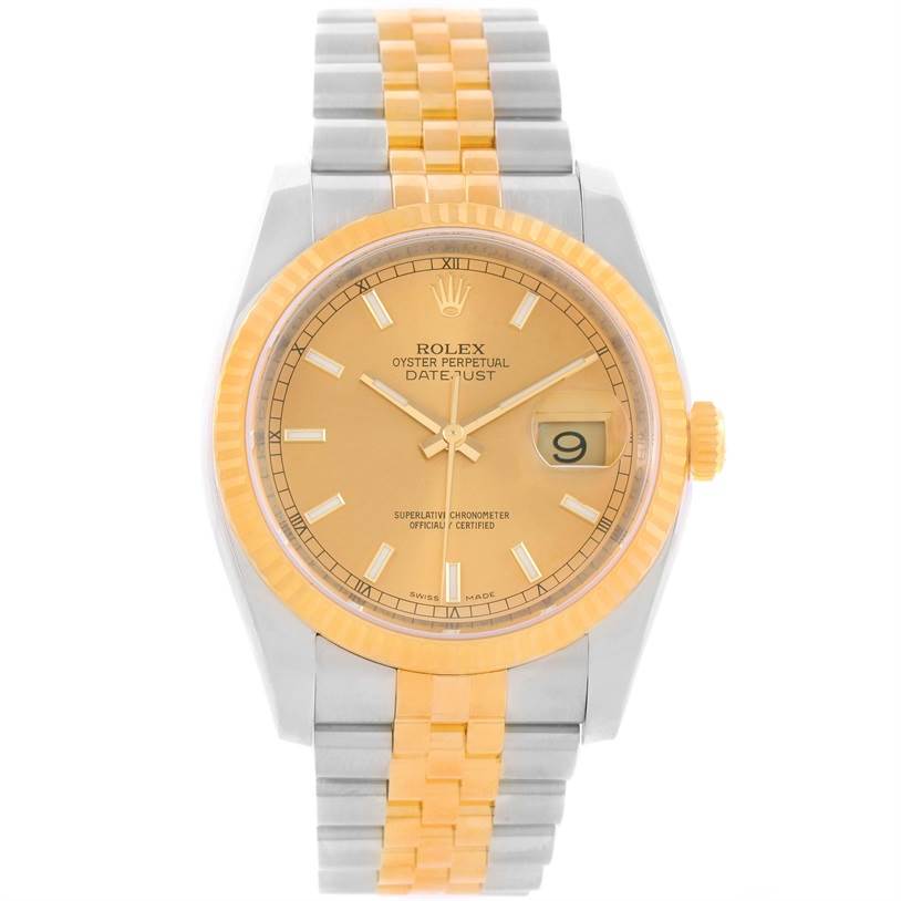 The image shows a frontal view of a Rolex Datejust 116233 Men's Stainless Steel Champagne Dial 116233 Men's Stainless Steel Champagne Dial watch, highlighting the dial, bezel, crown, and two-tone bracelet.