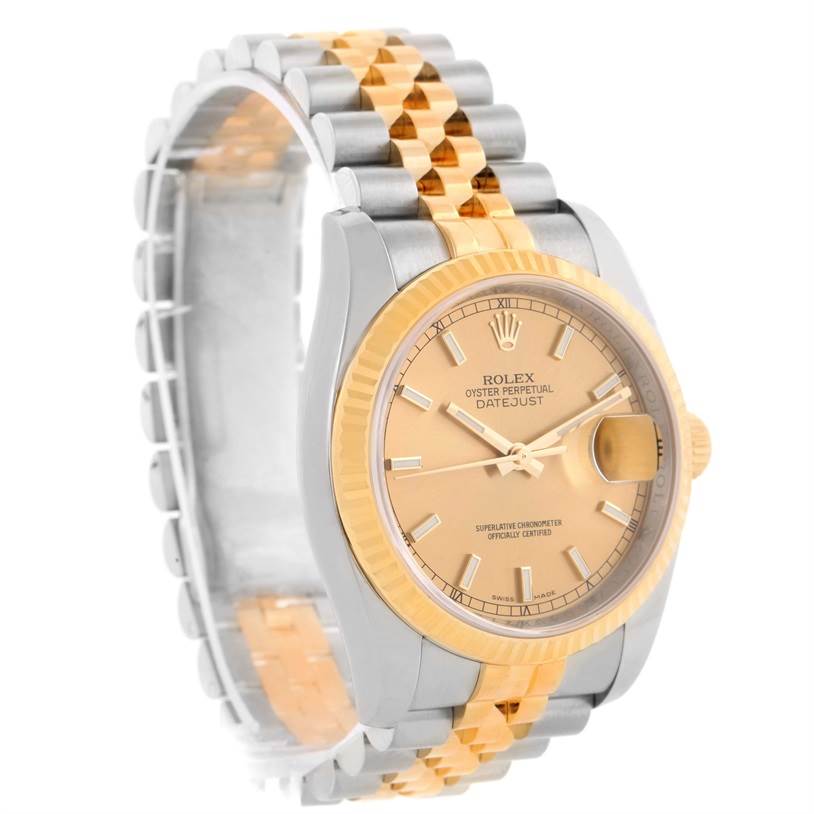 The Rolex Datejust 116233 Men's Stainless Steel Champagne Dial 116233 Men's Stainless Steel Champagne Dial watch is shown at an angle, highlighting the face, fluted bezel, and the two-tone metal bracelet.