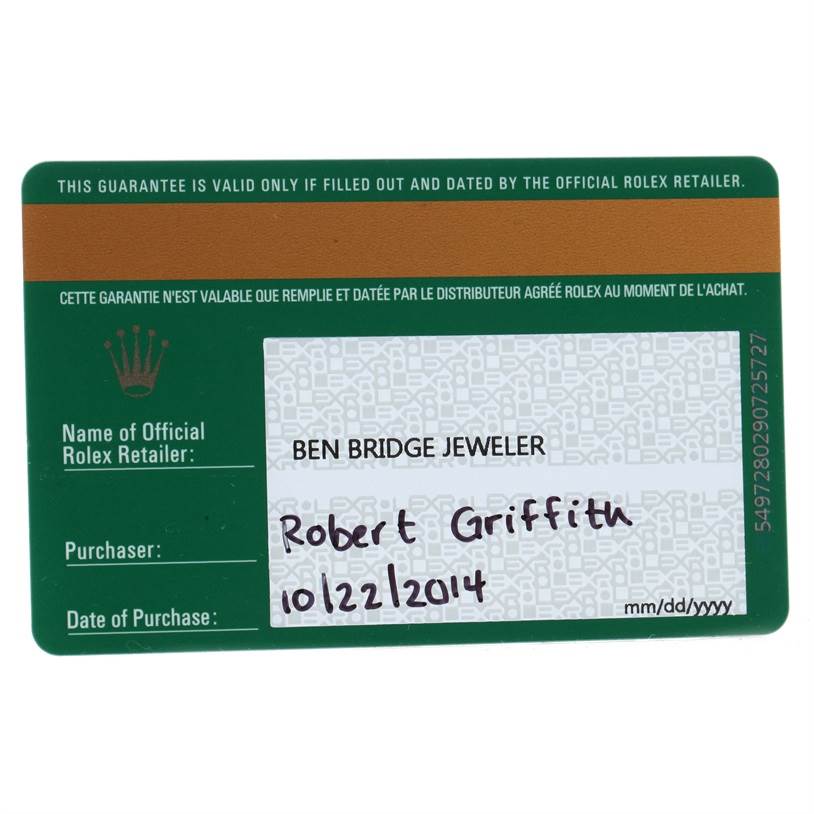 This image shows a Rolex Datejust 116233 Men's Stainless Steel Champagne Dial 116233 Men's Stainless Steel Champagne Dial warranty card from Ben Bridge Jeweler, detailing the purchaser and date of purchase.