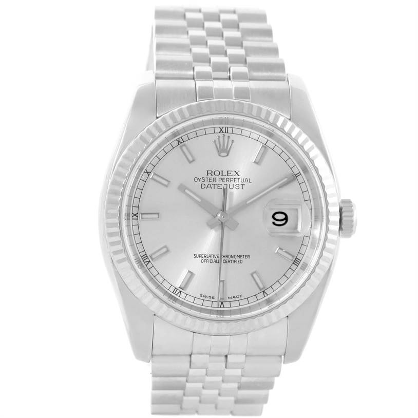 This image shows a Rolex Datejust 116234 Men's Stainless Steel Silver Dial 116234 Men's Stainless Steel Silver Dial watch from a front angle, highlighting the dial, hands, date window, bezel, and bracelet.