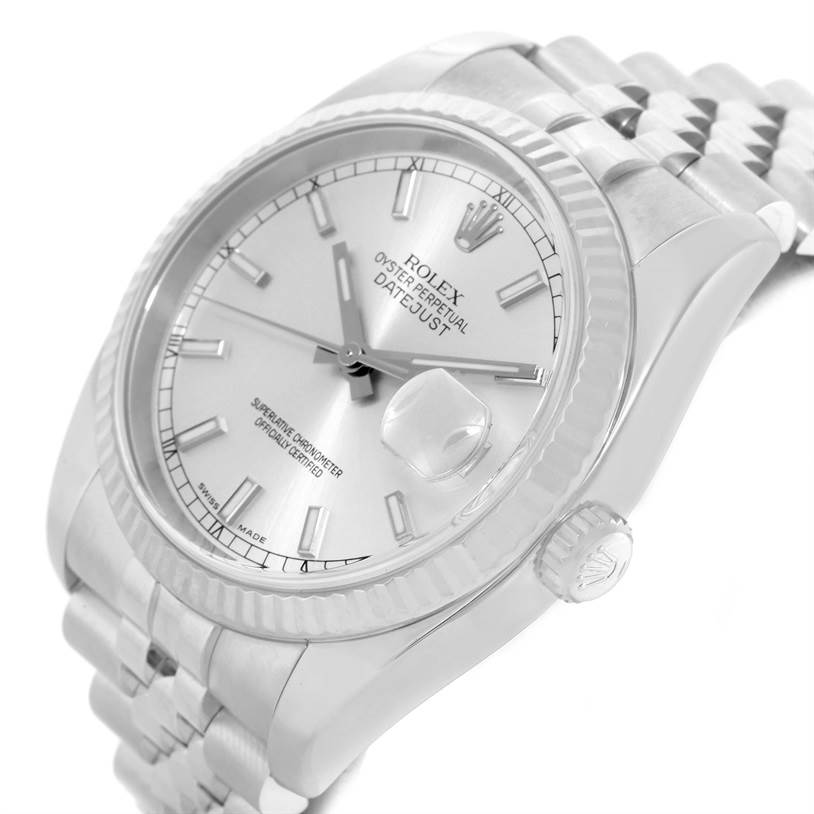 The image shows a Rolex Datejust 116234 Men's Stainless Steel Silver Dial 116234 Men's Stainless Steel Silver Dial watch at a slight overhead angle, highlighting its dial, bezel, crown, and jubilee bracelet.