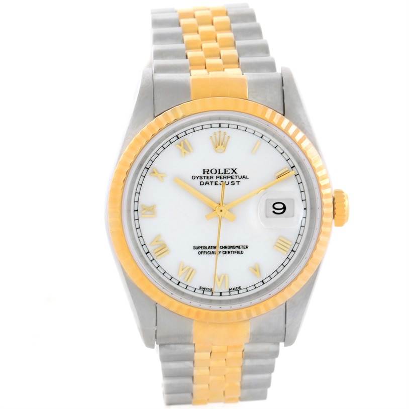 The image shows a front view of a Rolex Datejust 16233 Men's Steel and Gold (two tone) White Dial 16233 Men's Steel and Gold (two tone) White Dial watch with a gold and silver bracelet.