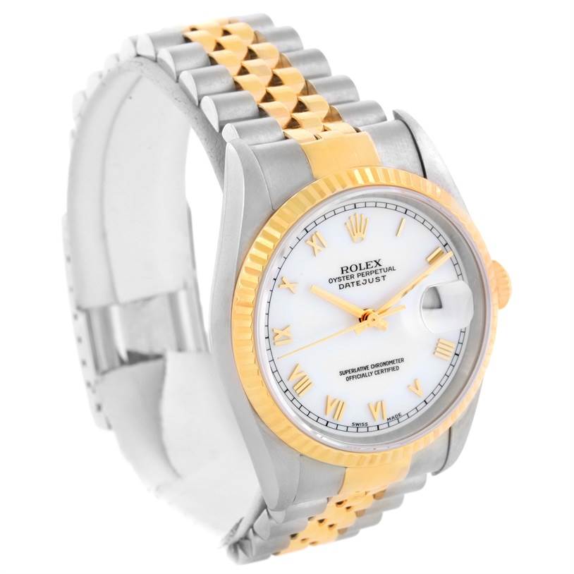The image shows a side angle view of a Rolex Datejust 16233 Men's Steel and Gold (two tone) White Dial 16233 Men's Steel and Gold (two tone) White Dial watch, highlighting the gold and silver bracelet, white dial, and fluted bezel.