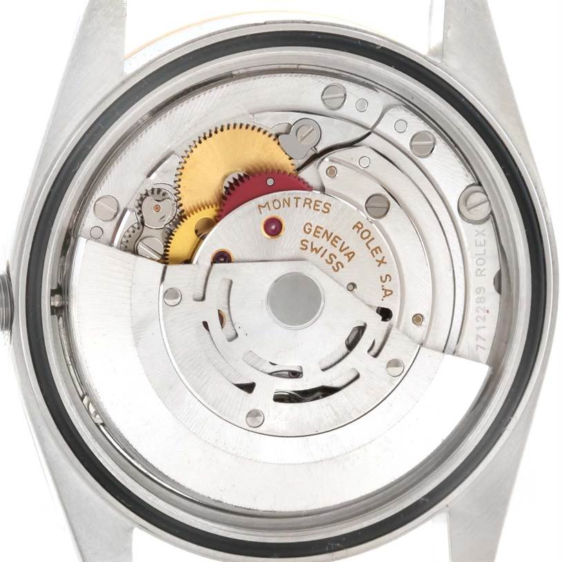 The image shows the interior movement mechanism of a Rolex Datejust 16233 Men's Steel and Gold (two tone) White Dial 16233 Men's Steel and Gold (two tone) White Dial watch, viewed from the back.